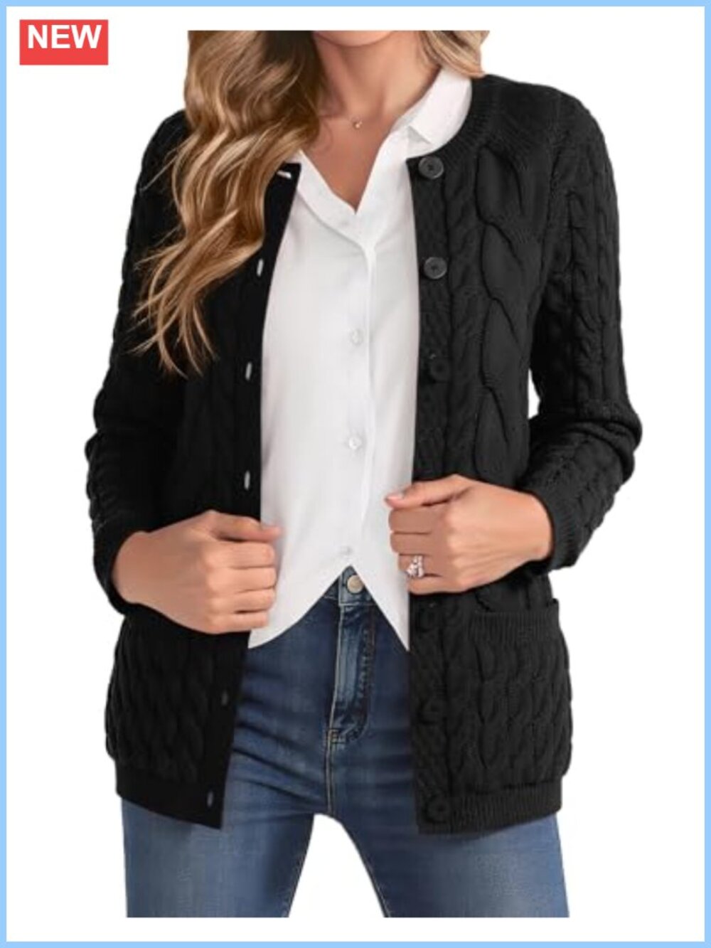Cable Knit Button Up Cardigan Sweater with Pockets Crew Neck Long Sleeve